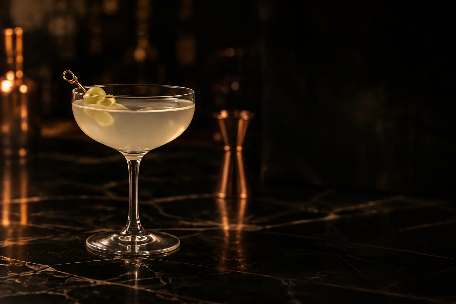 Cóctel preparado con pisco en una barra oscura