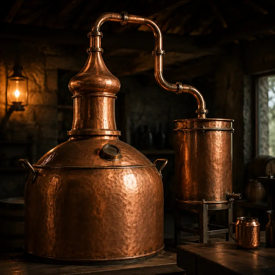 Alambique tradicional de cobre para destilar pisco